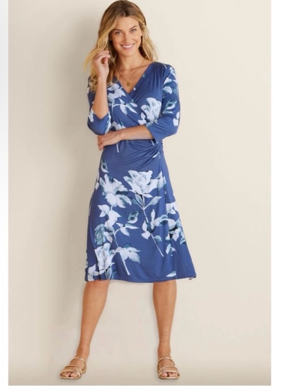 Soft Surroundings Hyannis Dress in True Navy Rose, Faux Wrap, Sz Petite LG